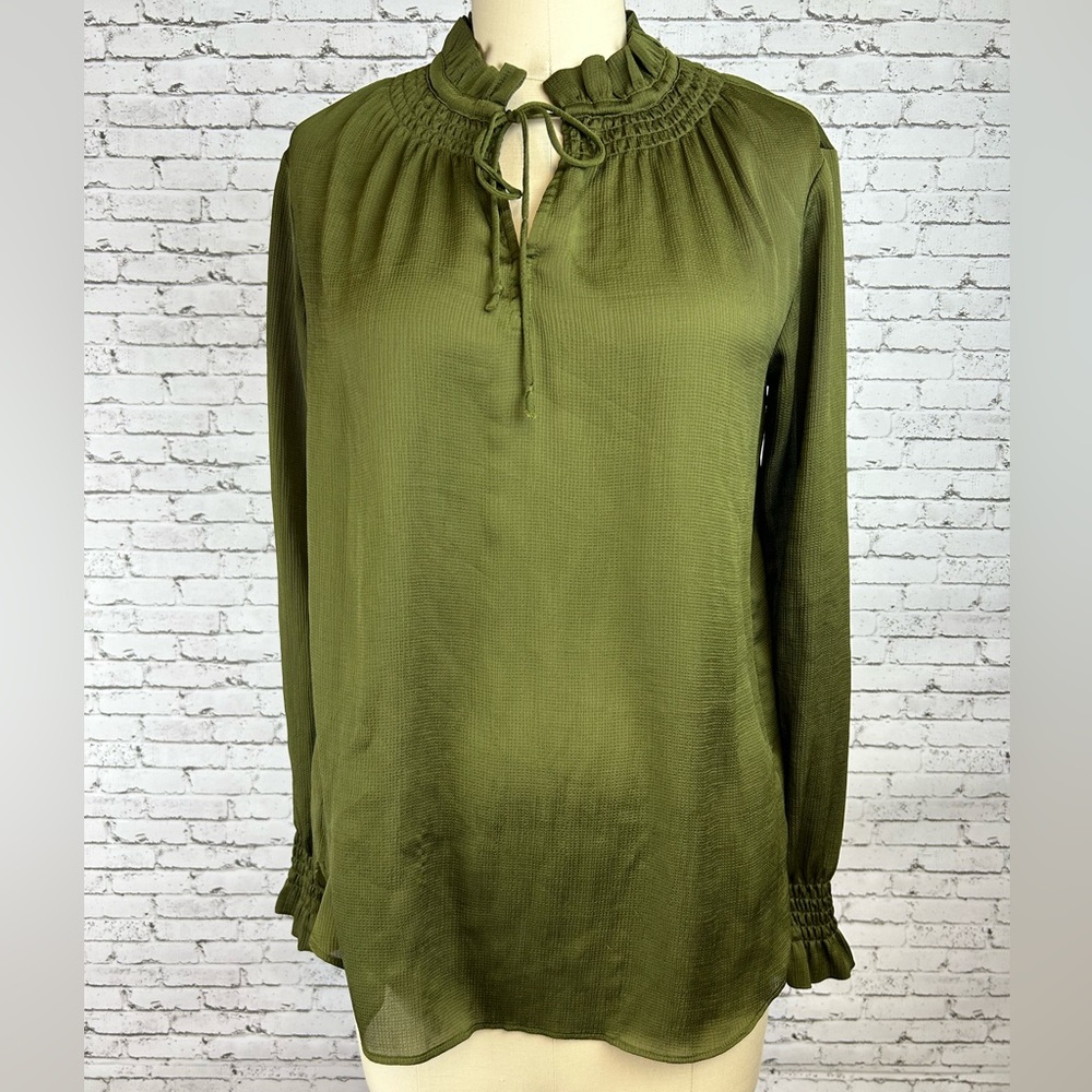 Ann Taylor | Olive Green Blouse with Ruffled Neckline size XS